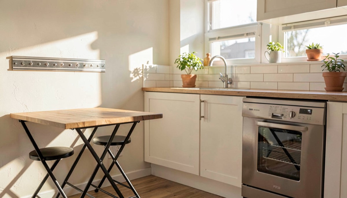 Petite cuisine compacte avec table pliante et rangement vertical