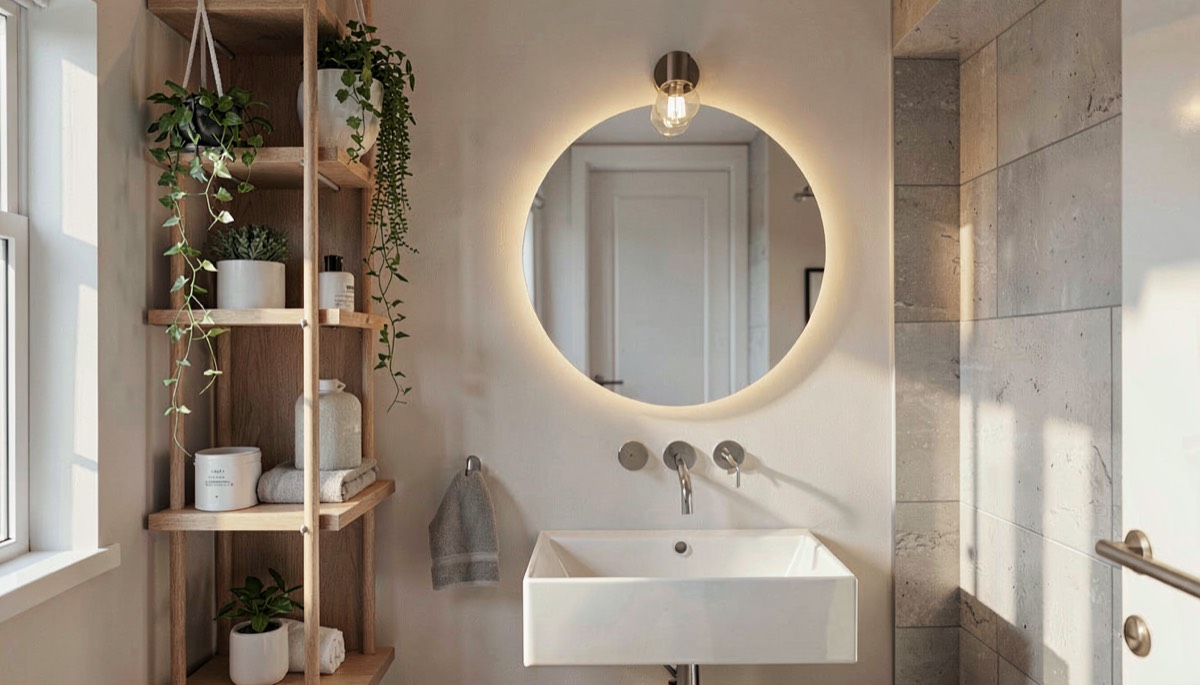 Etageres en bois avec miroir rond et plantes suspendues