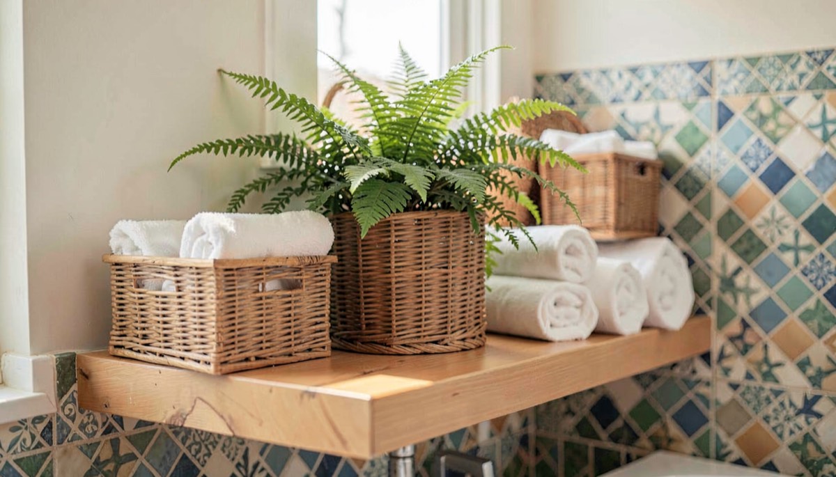Rangement salle de bain avec plantes et paniers en osier