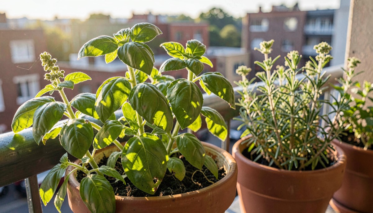 Herbes aromatiques en pots sur la rambarde du balcon