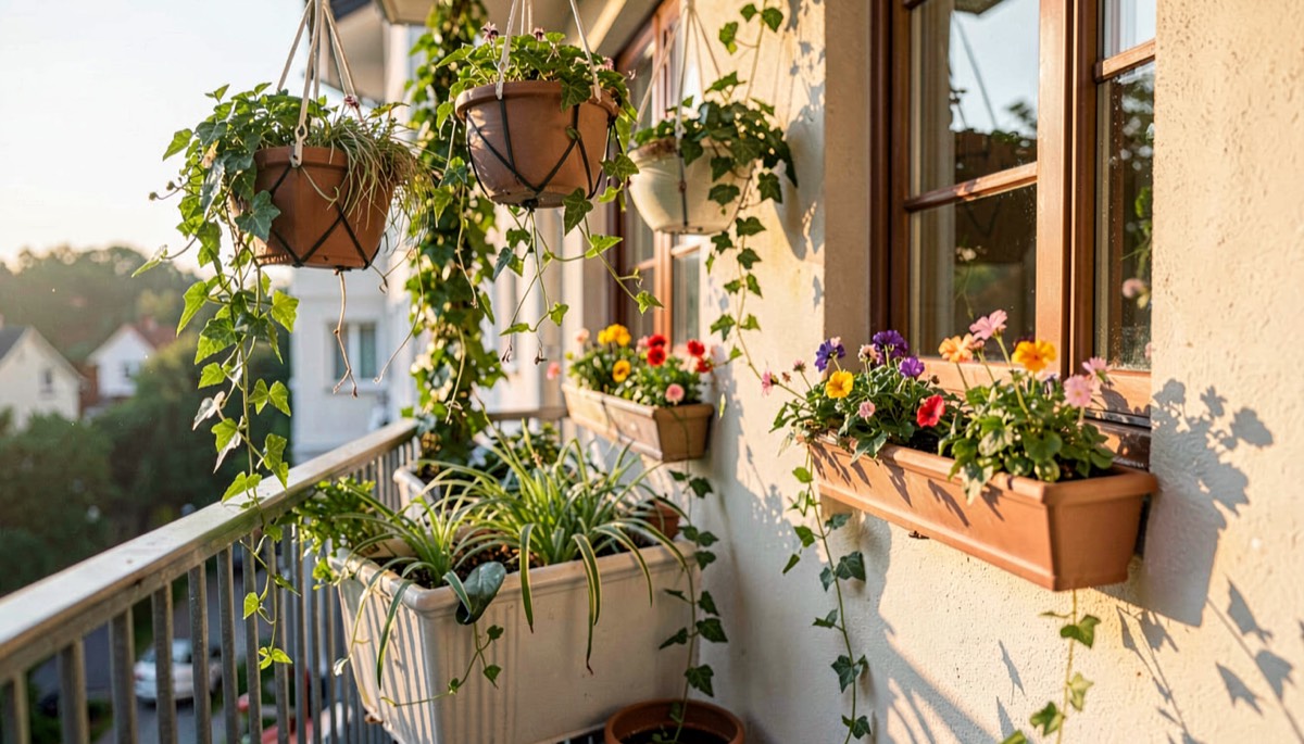 Jardin vertical avec plantes suspendues et fleurs