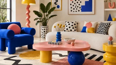 Coin salon au style Memphis avec fauteuil bleu, table rose et tapis a motifs geometriques