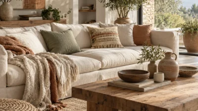 Interieur apaisant de style slow decoration avec canape en lin, plaids en laine et ceramiques artisanales