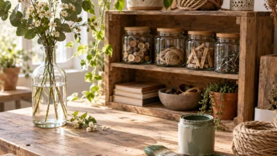 Objets du quotidien detournes en decoration : bouteille en vase, caisse en etagere et bocaux de rangement