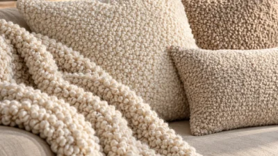 Textiles en laine bouclee creme et beige avec relief de maille epaisse sur un canape en lin
