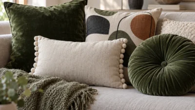 Assemblage de coussins decoratifs originaux melangeant velours vert, lin a pompons et coton graphique