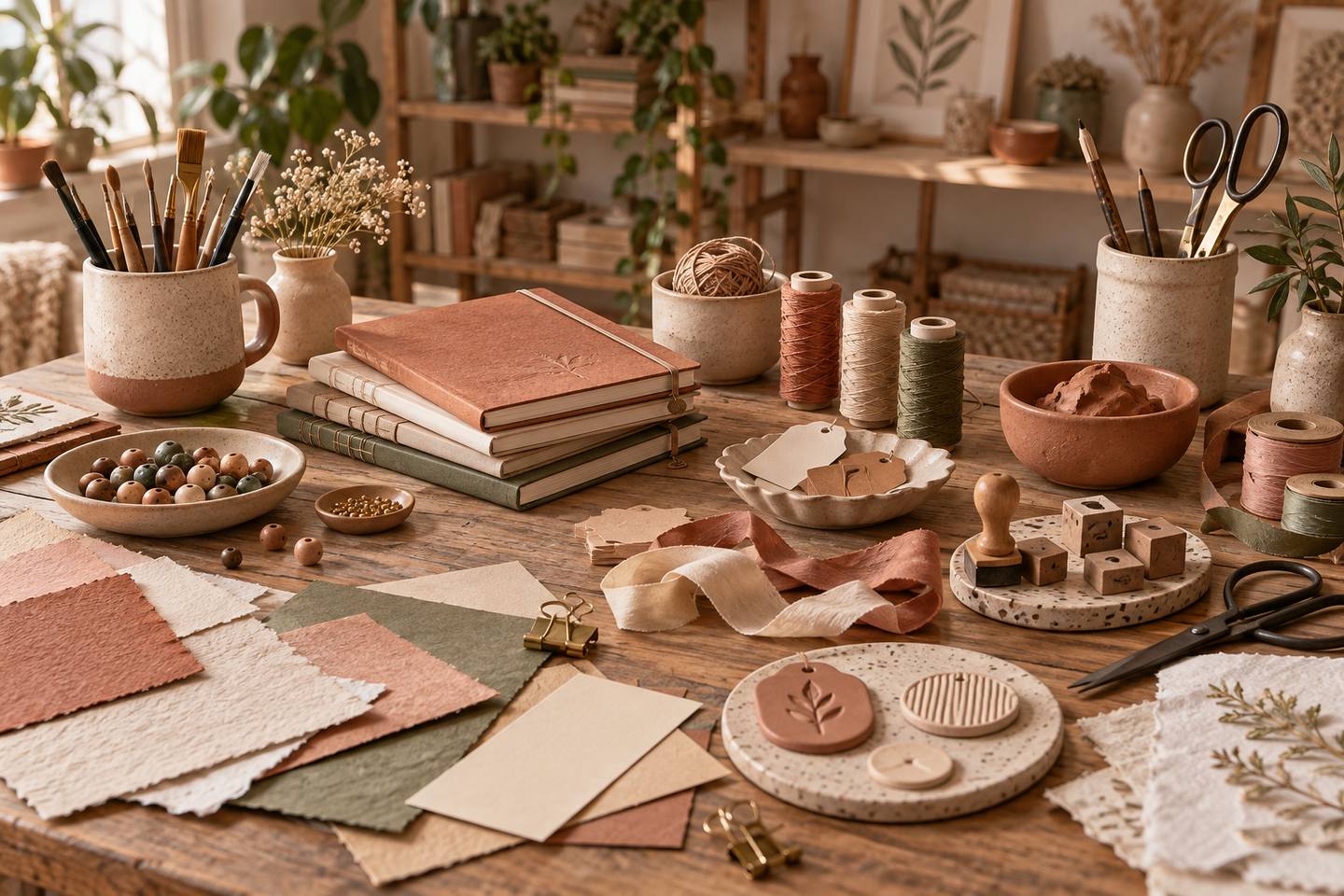 Une table d'atelier créatif avec objets personnalisés et petits outils