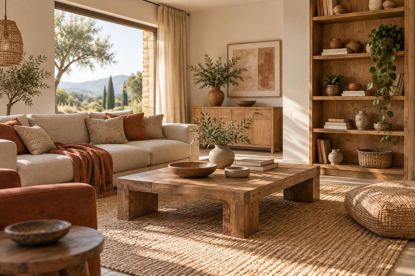 Un salon meublé en bois massif durable, table et étagères en chêne
