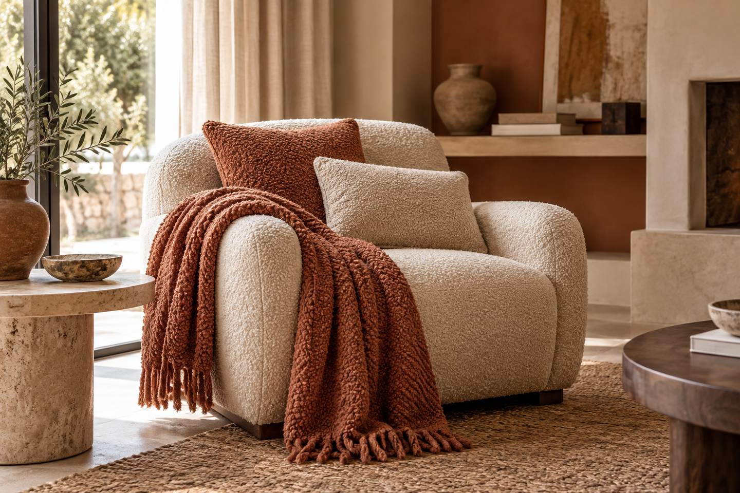 Un plaid et des coussins en laine bouclée posés sur un fauteuil