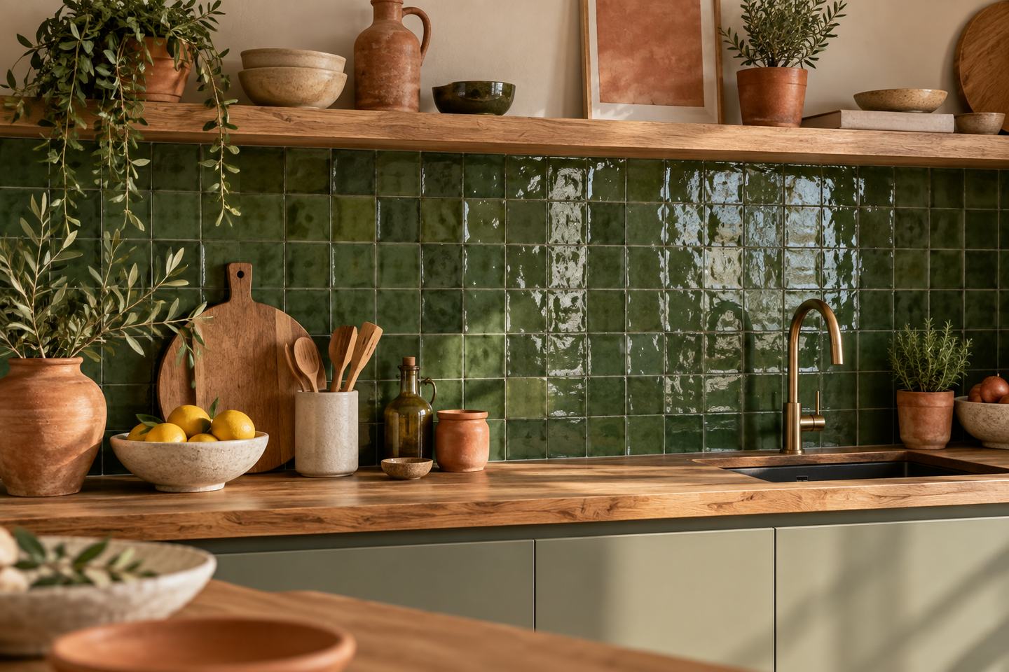 Une crédence de cuisine en zellige vert avec plan de travail en bois
