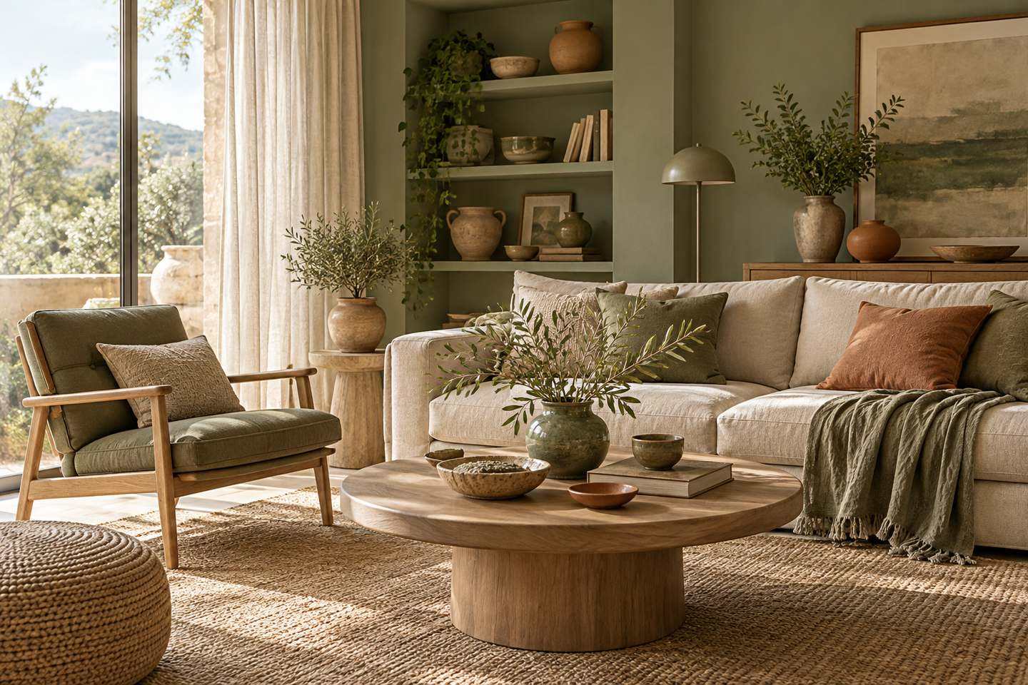 Une pièce décorée dans les tons vert sauge, textiles et céramiques
