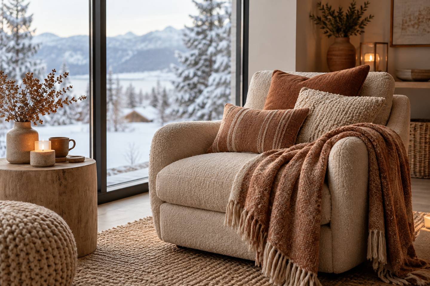 Un fauteuil près d'une fenêtre avec plaid et coussins en hiver