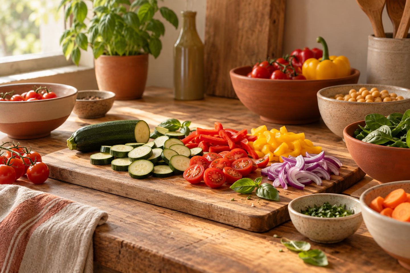 Des légumes frais découpés sur une planche en bois, bols colorés