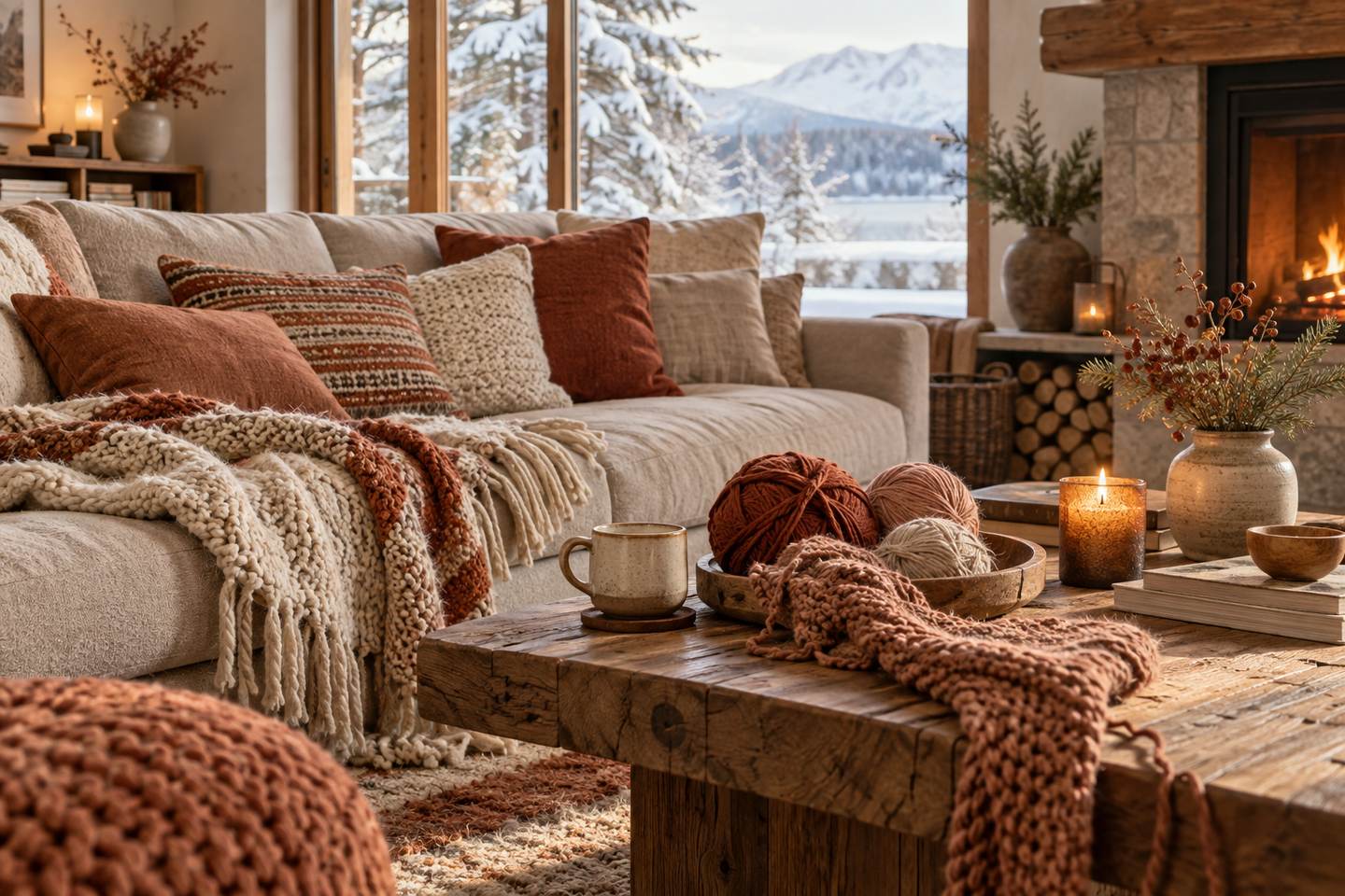 Un salon d'hiver cosy : coussins, plaid, bougie et laine