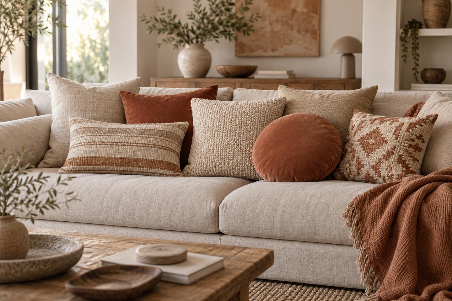 Une collection de coussins décoratifs de tailles et matières variées sur un canapé