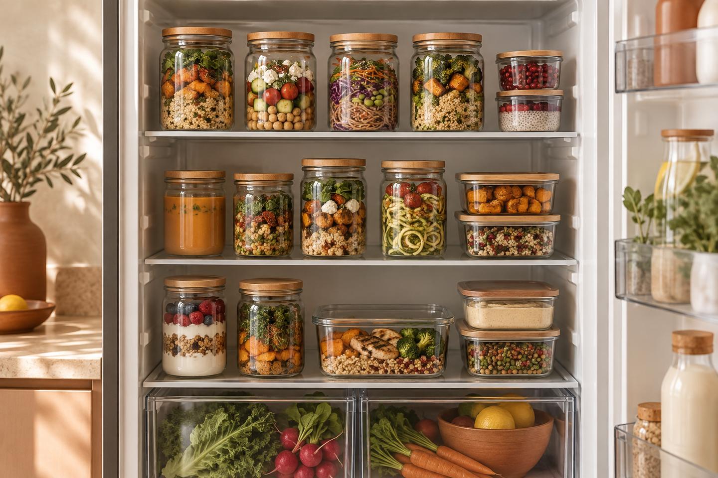 Des bocaux de repas préparés alignés dans un réfrigérateur ouvert