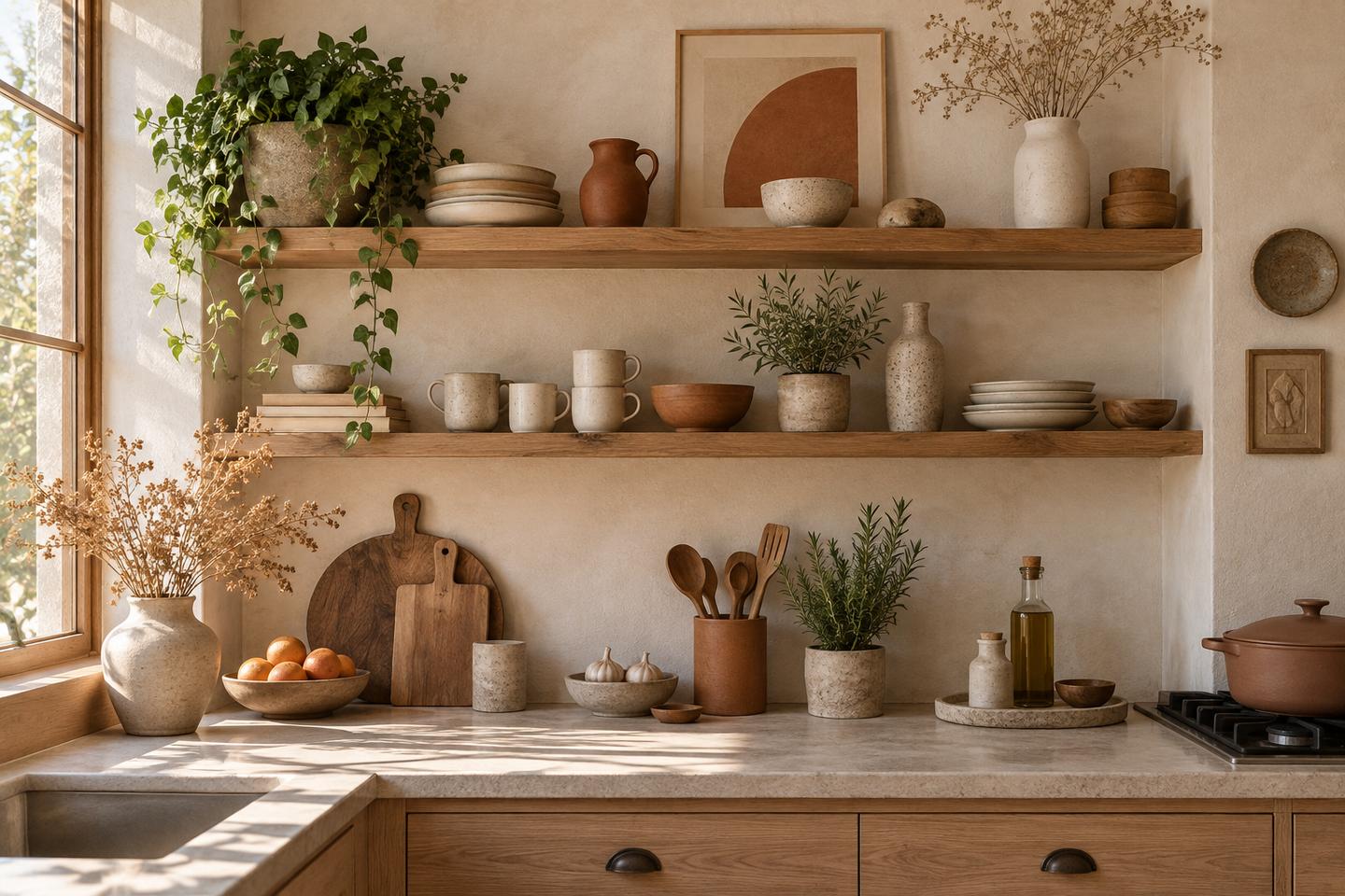 Un mur de cuisine avec étagères en bois et petites décorations murales