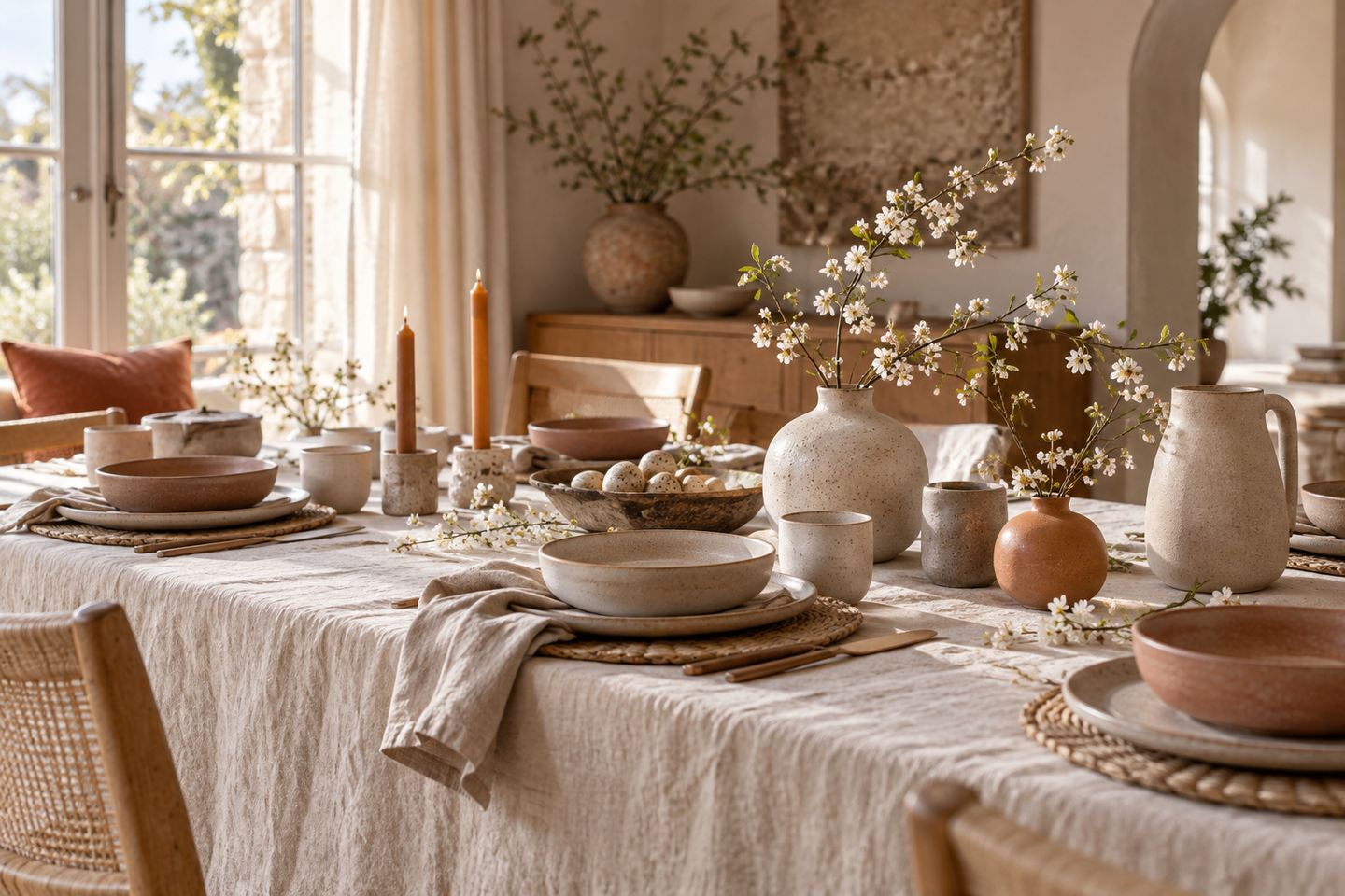 Une table printanière décorée de céramiques naturelles et branchages