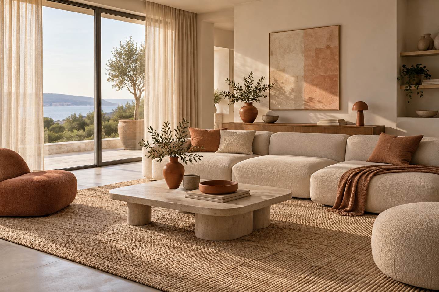 Un intérieur au style contemporain, mobilier bas et tons neutres