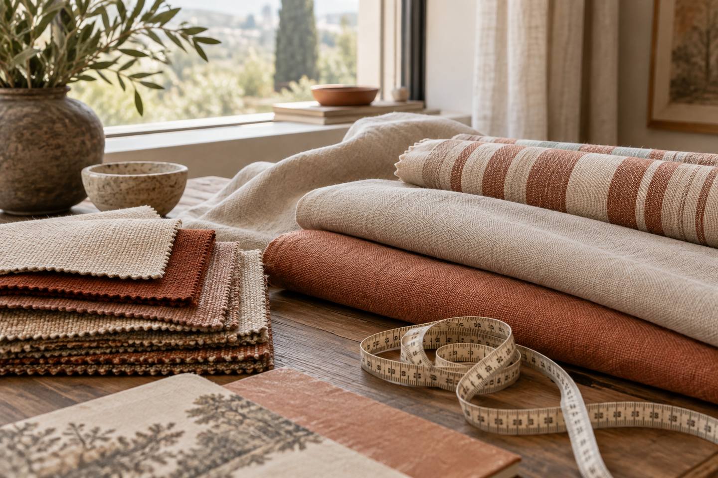 Des mesures de tissu et un mètre ruban sur une table près d'une fenêtre
