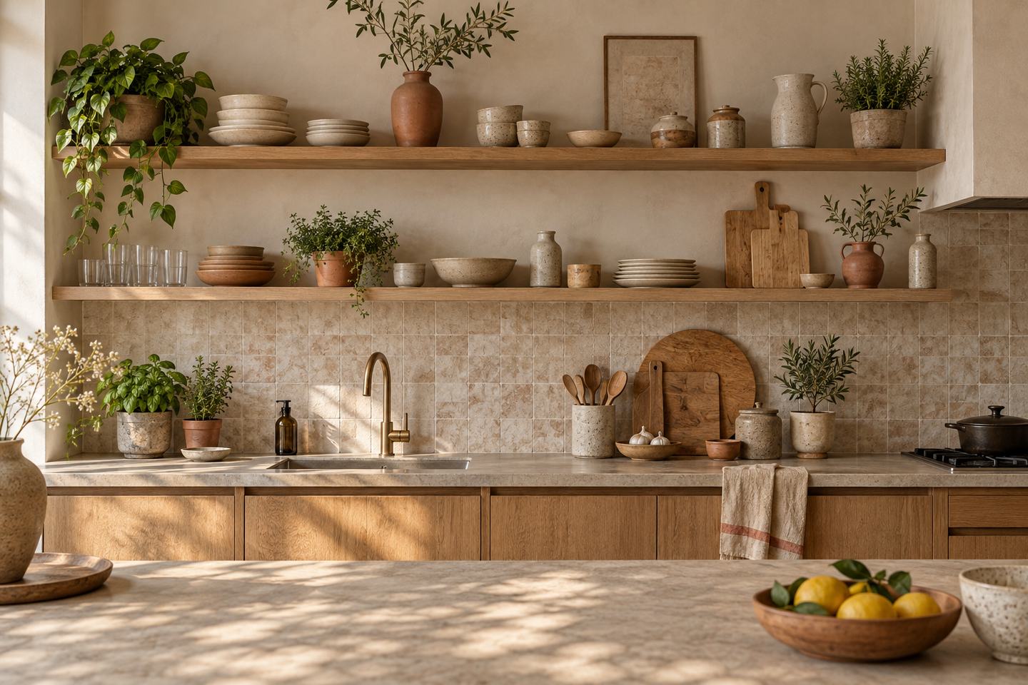 Une crédence de cuisine décorée avec étagères et objets choisis