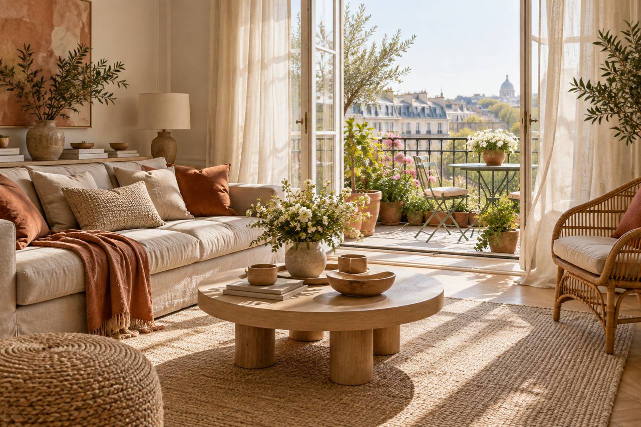 Un salon printanier ouvert sur un balcon, lin et bois clair