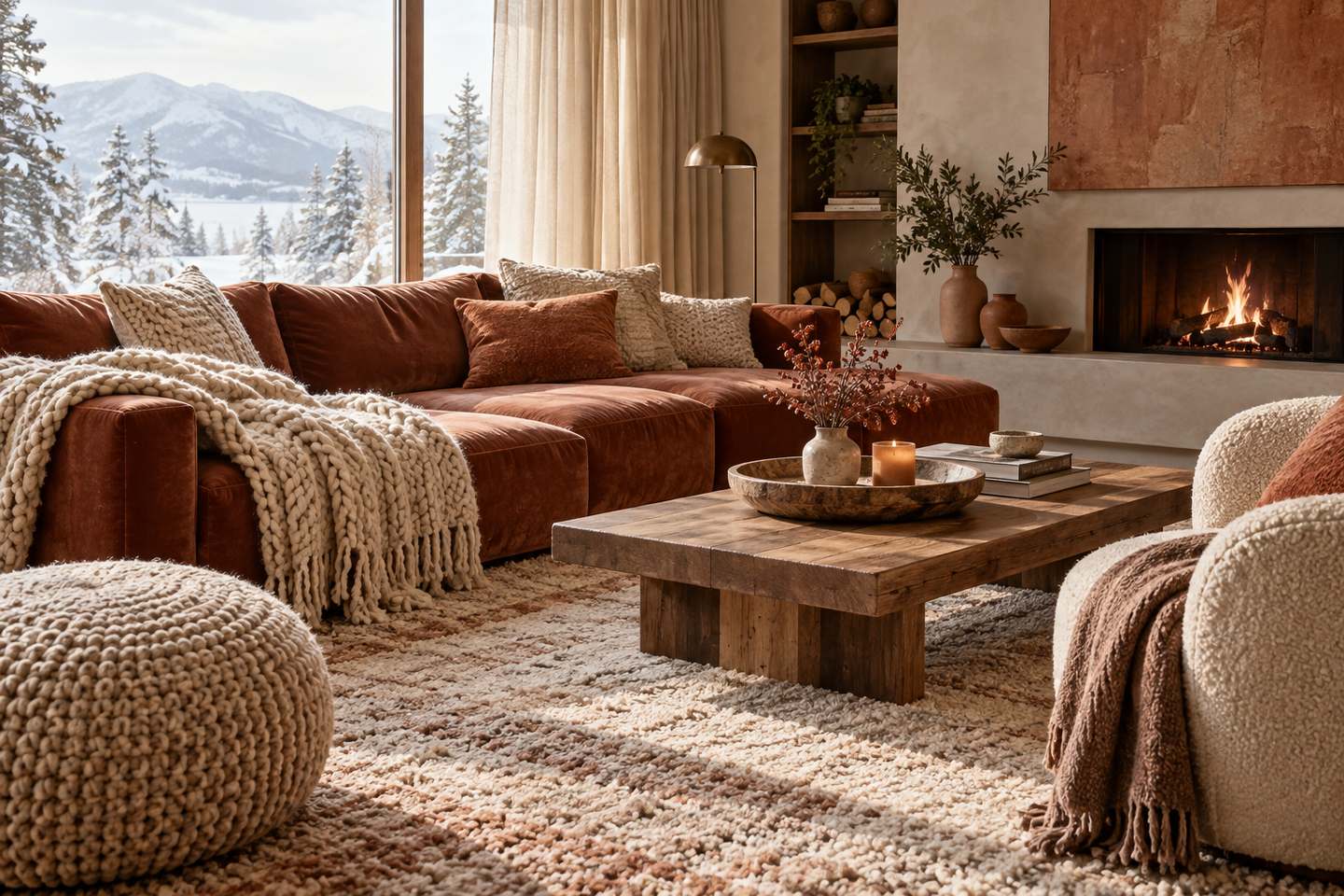Un salon habillé de textiles d'hiver : laine, velours et coussins épais