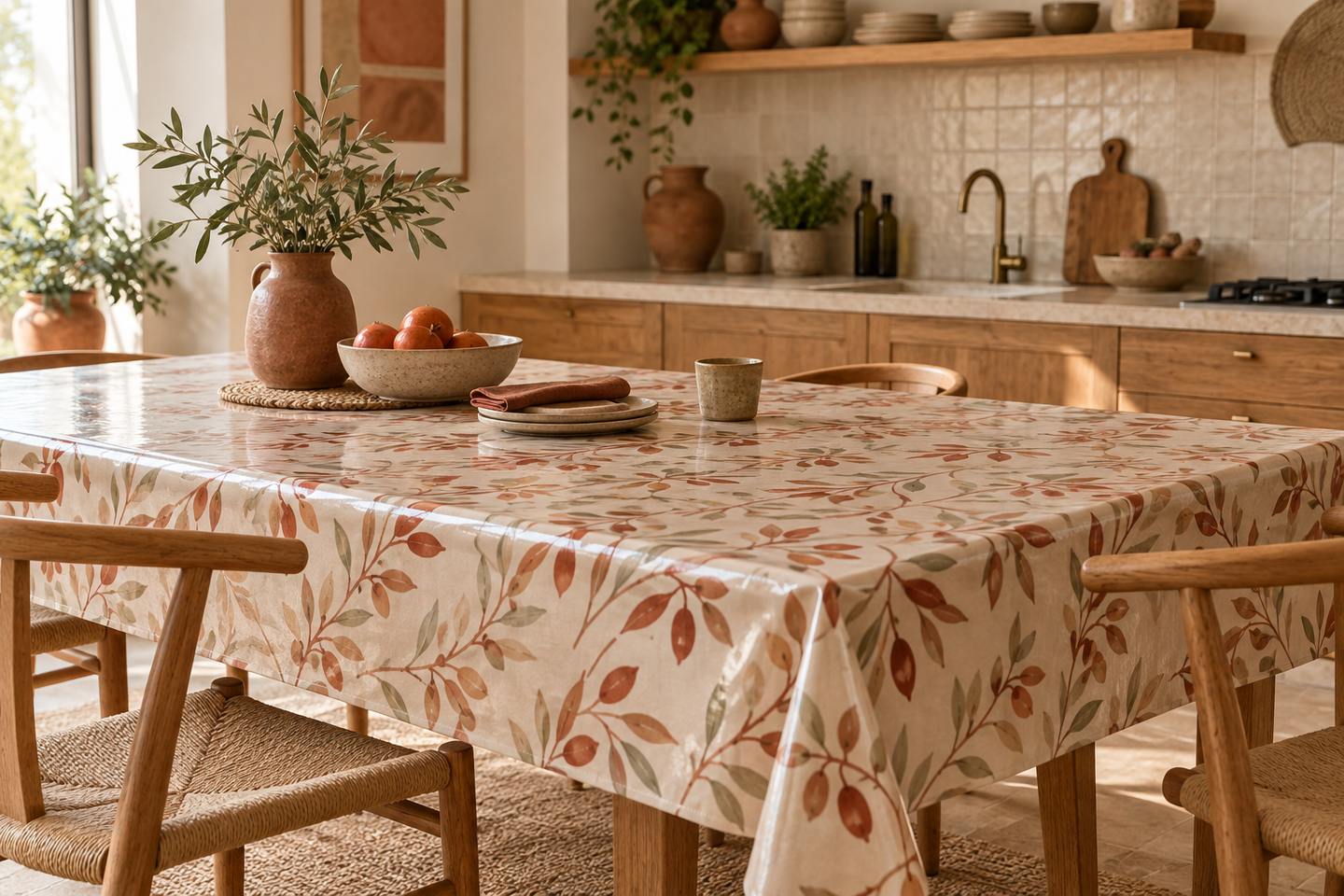 Une grande toile cirée déployée sur une table de cuisine en bois