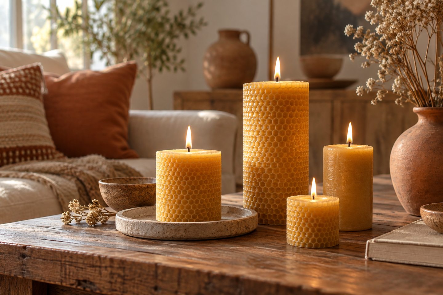 Des bougies en cire d'abeille allumées sur une table en bois
