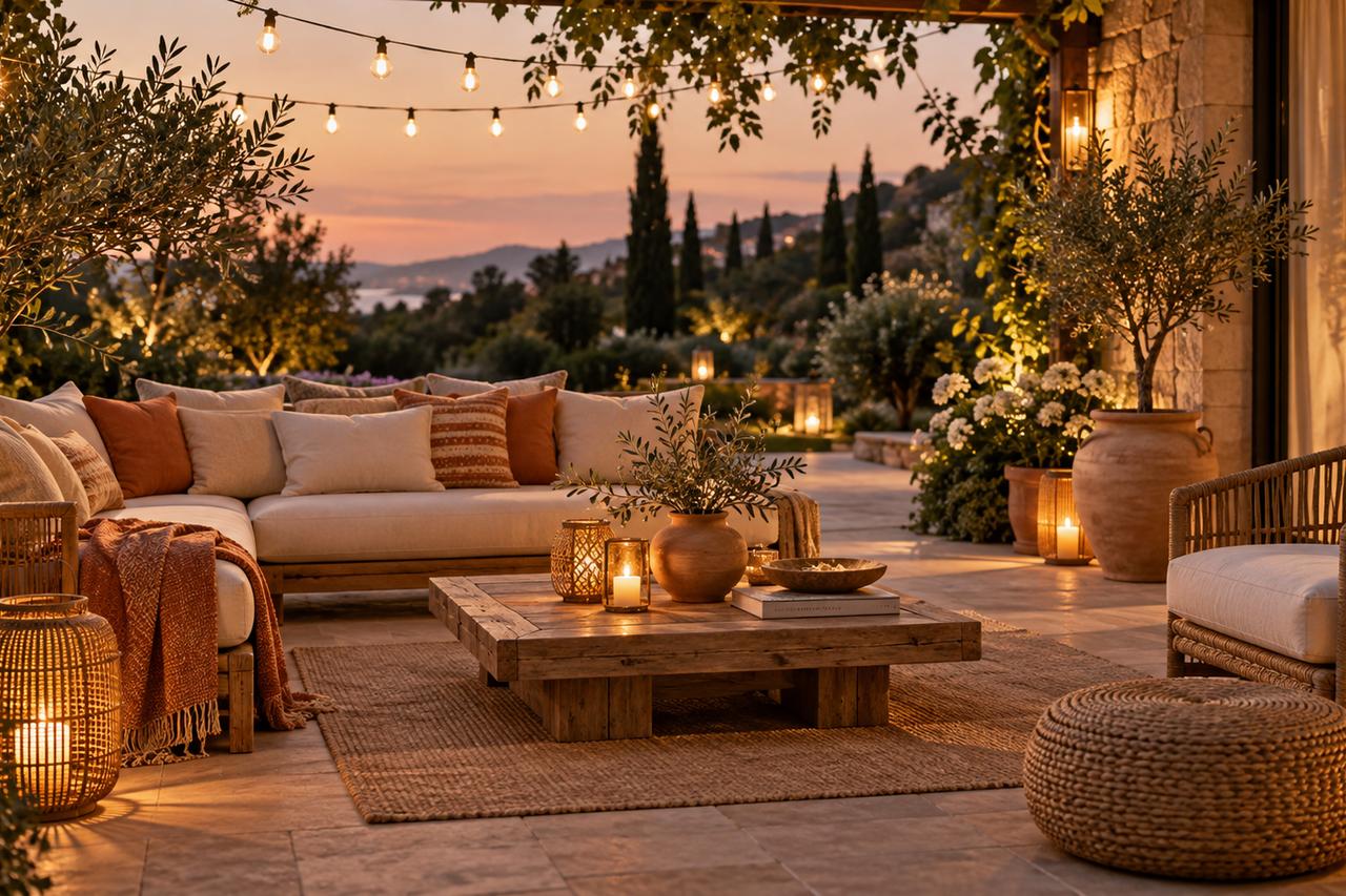 Une terrasse de jardin illuminée par des guirlandes et lanternes au crépuscule