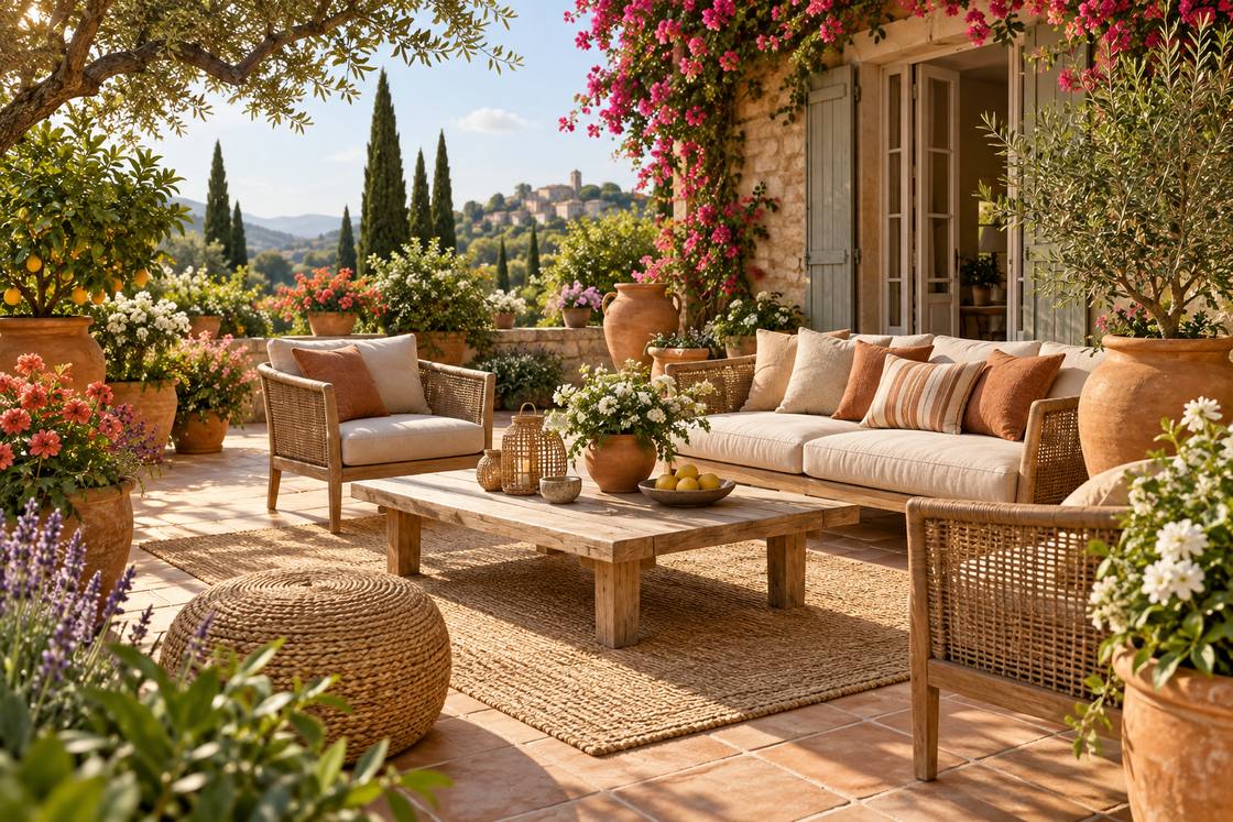 Un jardin fleuri aménagé avec des pots en terre cuite et du mobilier de jardin