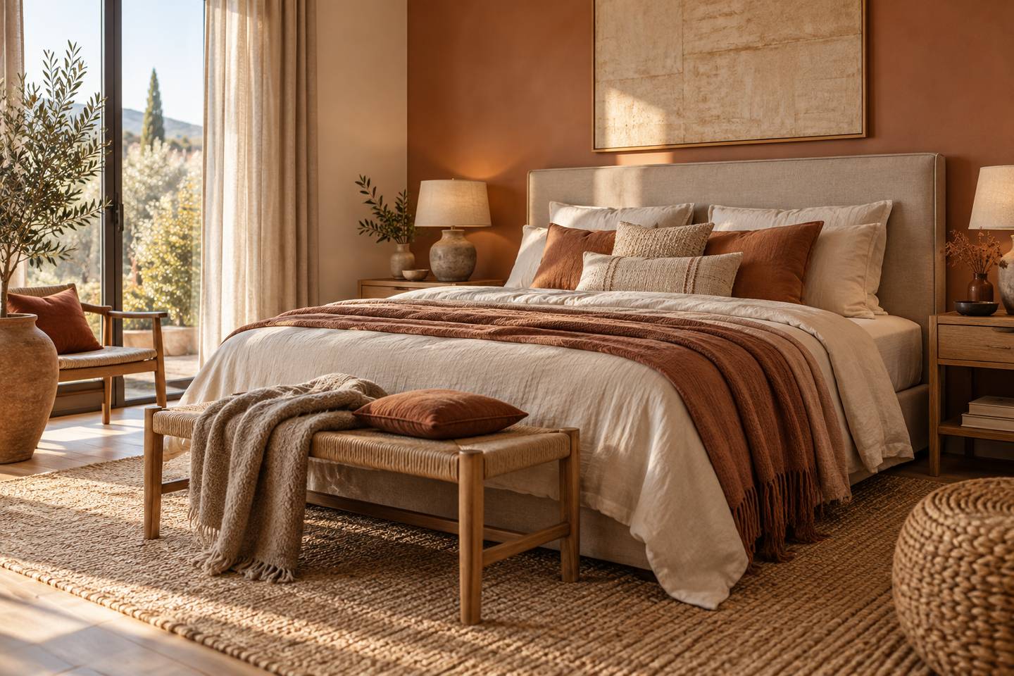 Une chambre à coucher apaisante, tête de lit et textiles naturels