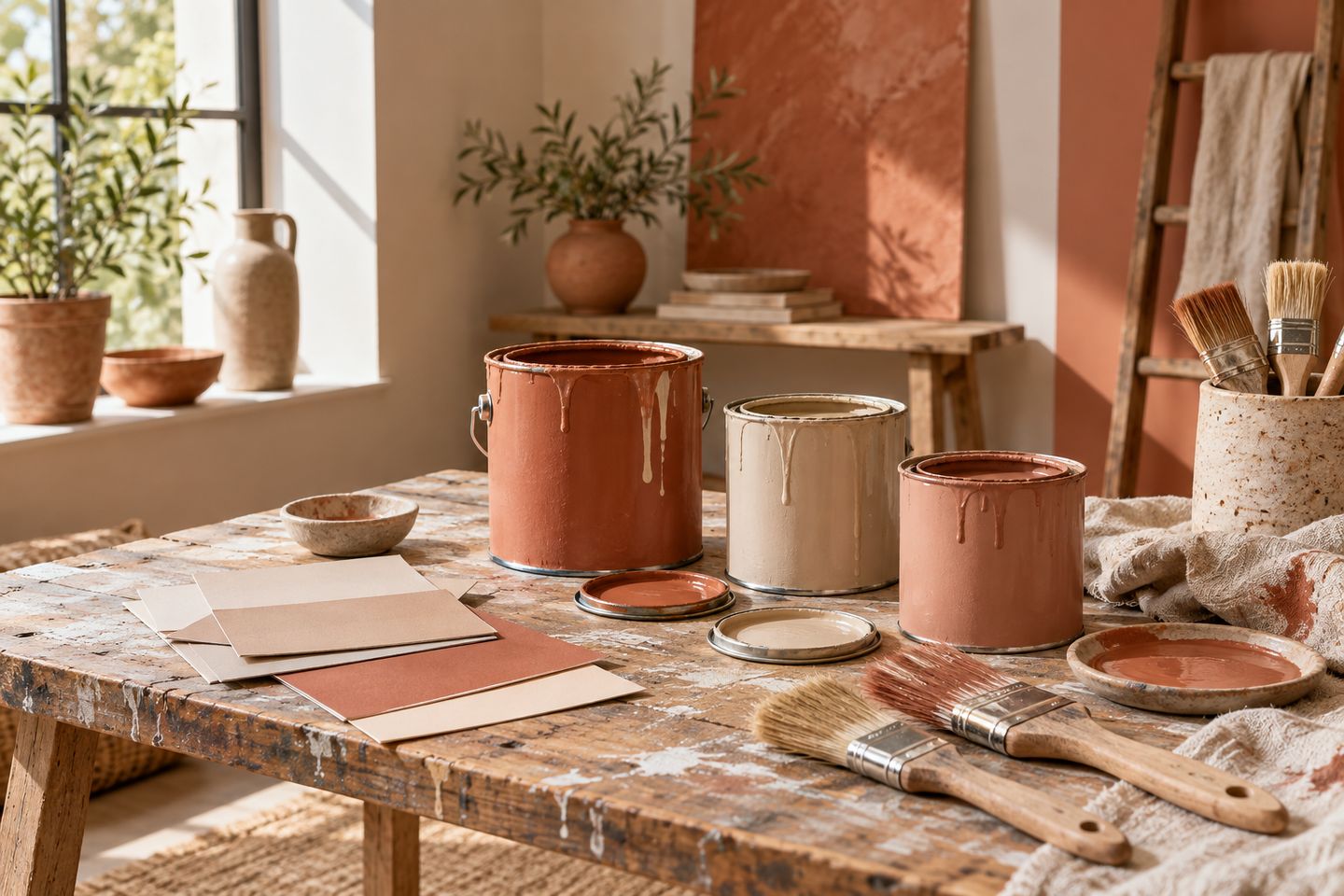 Pots de peinture et pinceaux posés sur une table de travail
