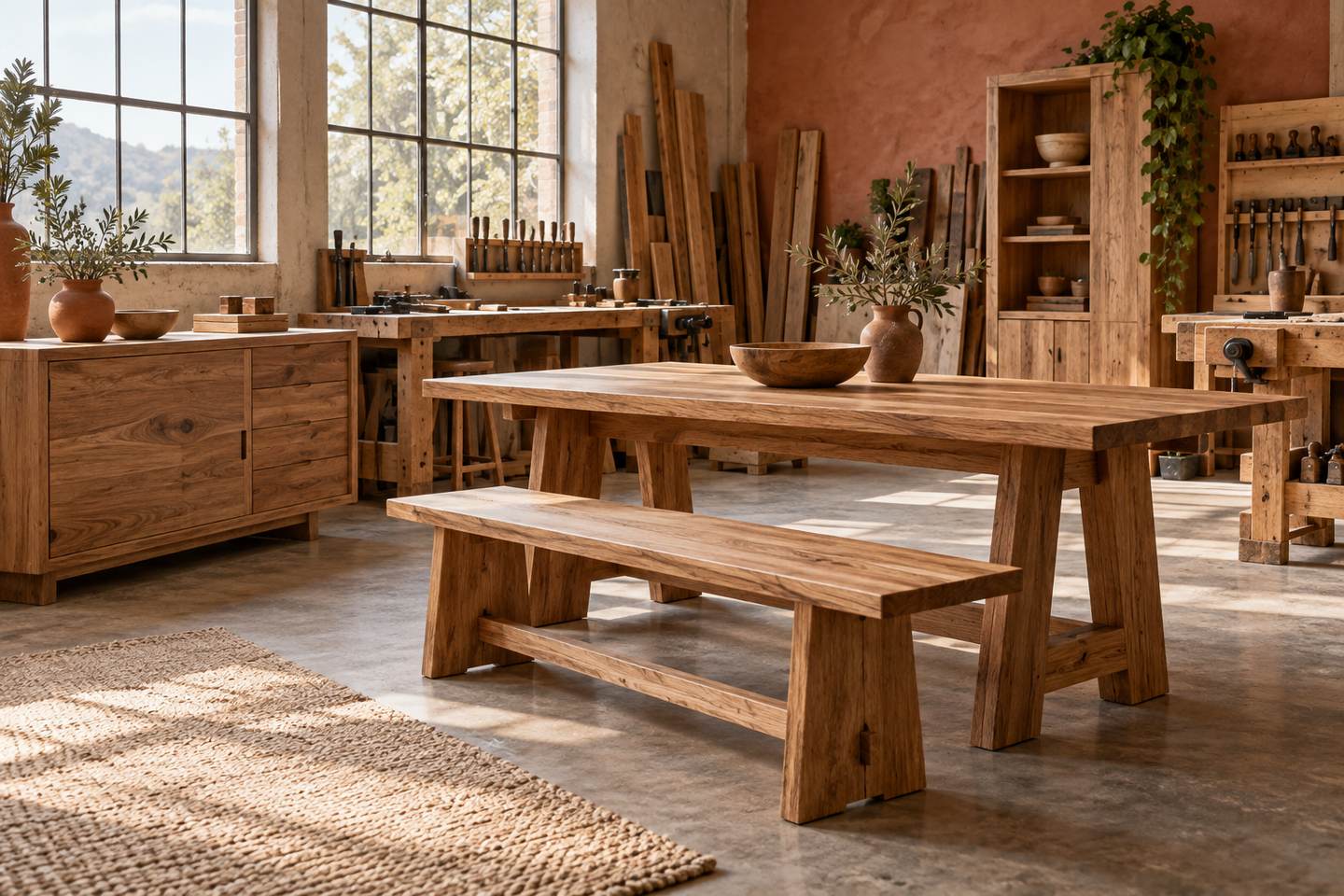 Meubles en bois massif assemblés dans un atelier de menuiserie