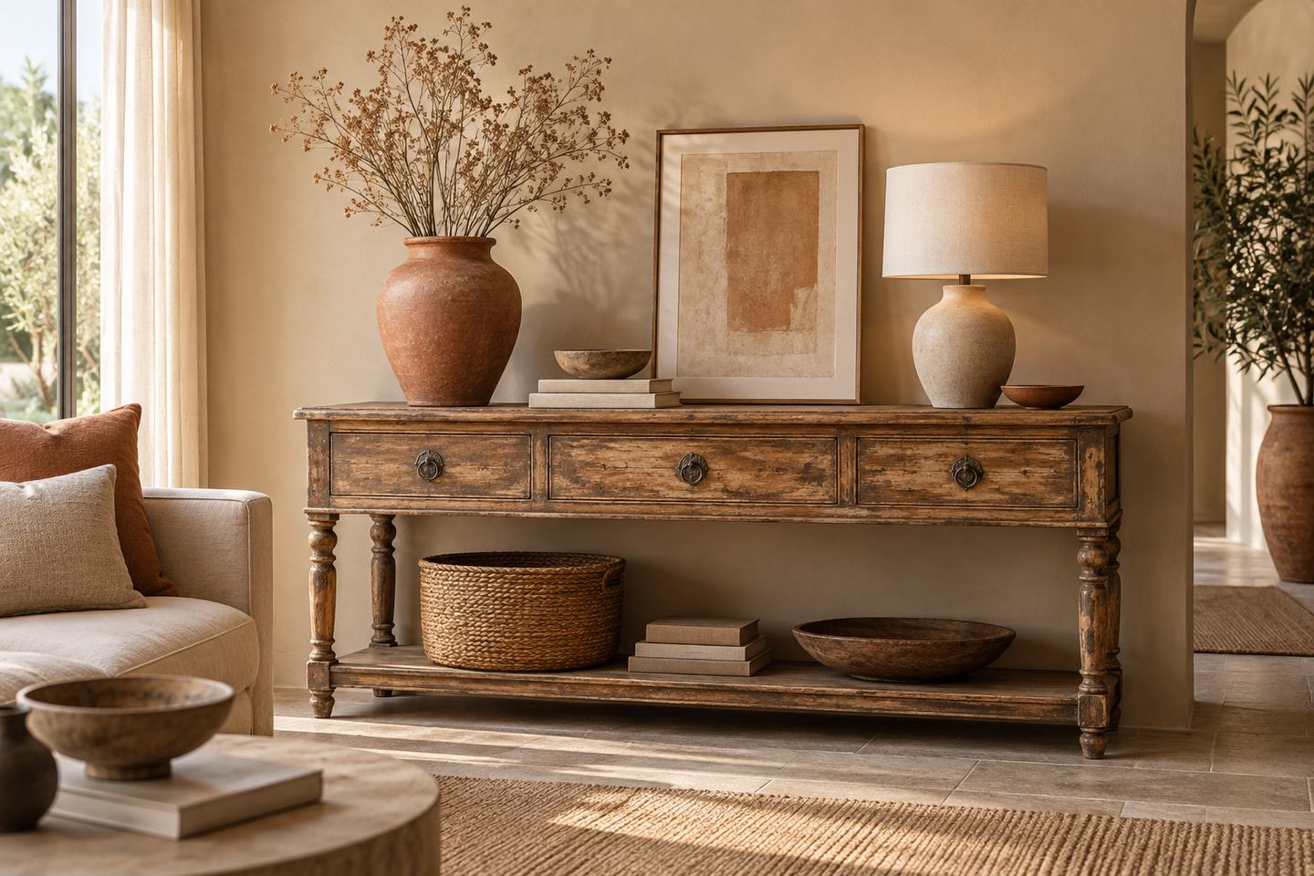 Un meuble ancien rénové servant de console dans un salon