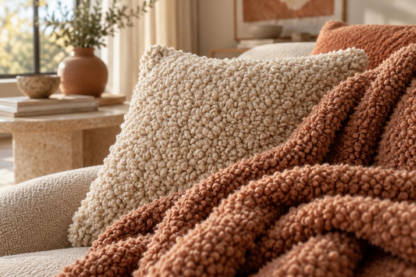 Gros plan sur de la laine bouclée, coussin et plaid