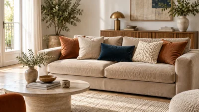 Salon moderne avec coussins assortis de tailles et de matieres variees