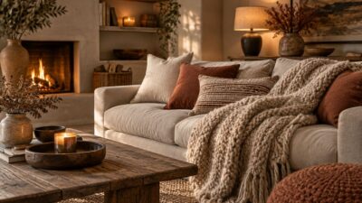 Un salon d'hiver chaleureux avec plaid en laine, coussins moelleux et lumière tamisée