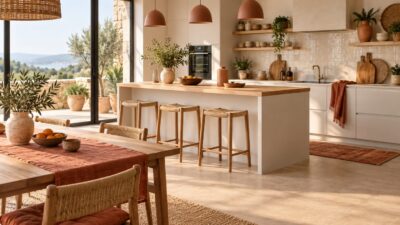 Une cuisine moderne lumineuse, plan de travail en bois clair et textiles colorés