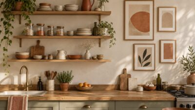 Un mur de cuisine décoré de petites étagères ouvertes et de cadres, plan de travail en bois