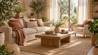 Un salon de printemps aux tons naturels : lin, bois clair et plantes vertes