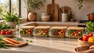 Des boîtes de préparation de repas alignées sur un plan de travail, légumes frais à côté