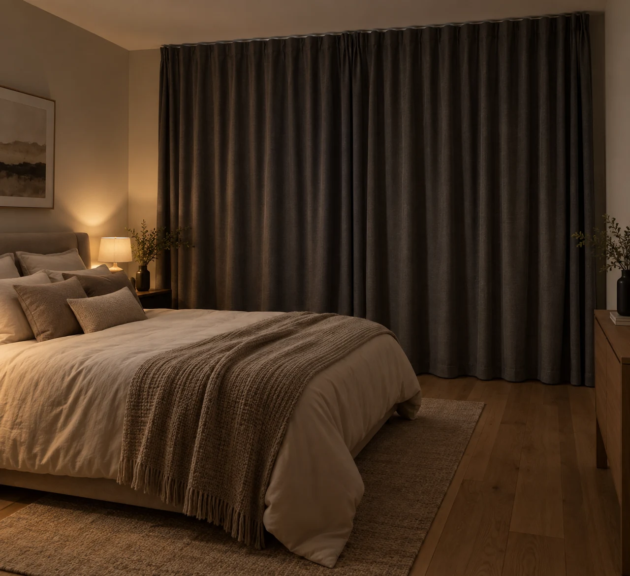 Rideau occultant thermique anthracite fermé devant la fenêtre d'une chambre, lumière extérieure bloquée par le tissu dense