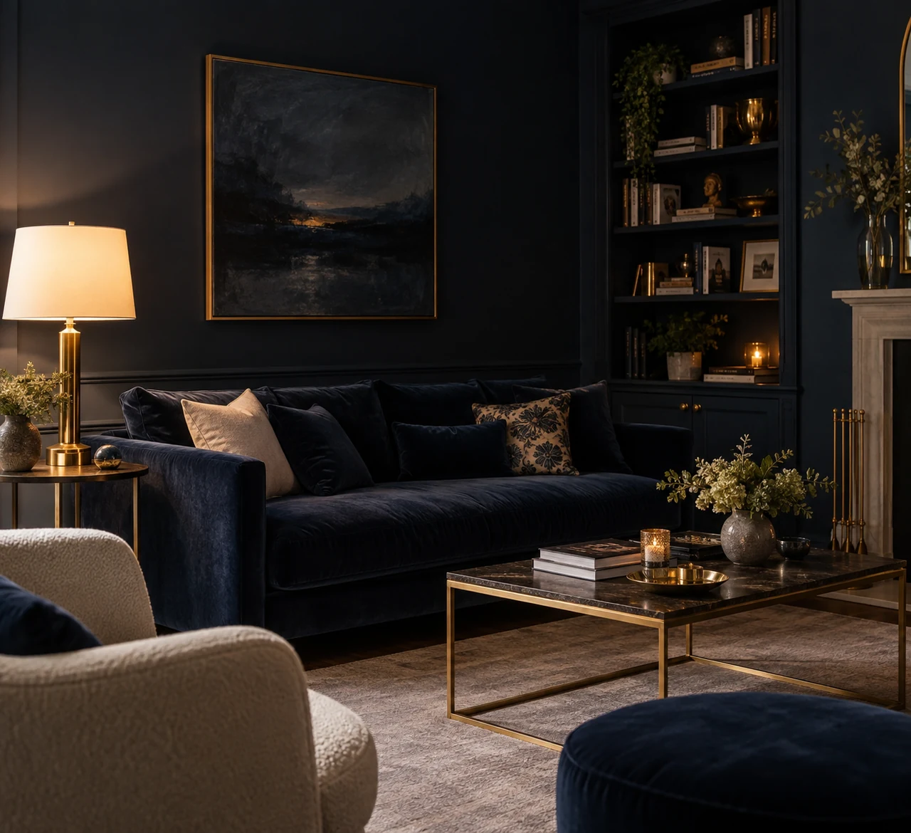 Salon au mur bleu nuit mat, canapé en velours bleu foncé, lampe à lumière chaude et détails en laiton