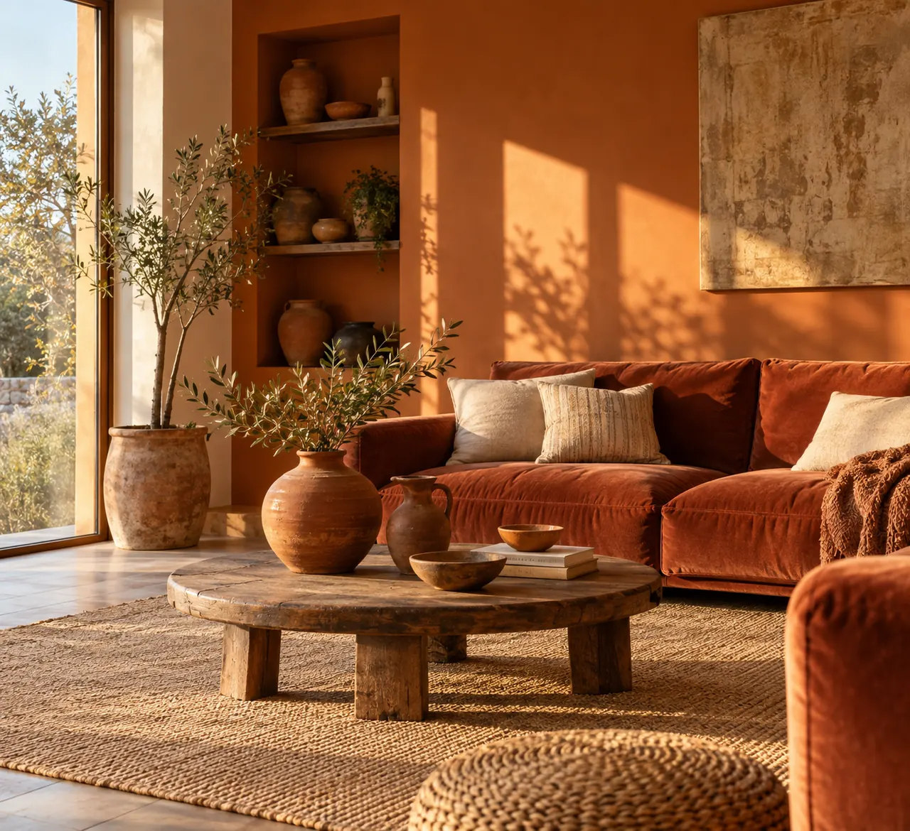 Salon aux tons terracotta : mur ocre brûlé, canapé en velours terracotta, poteries en terre cuite et tapis en fibres naturelles