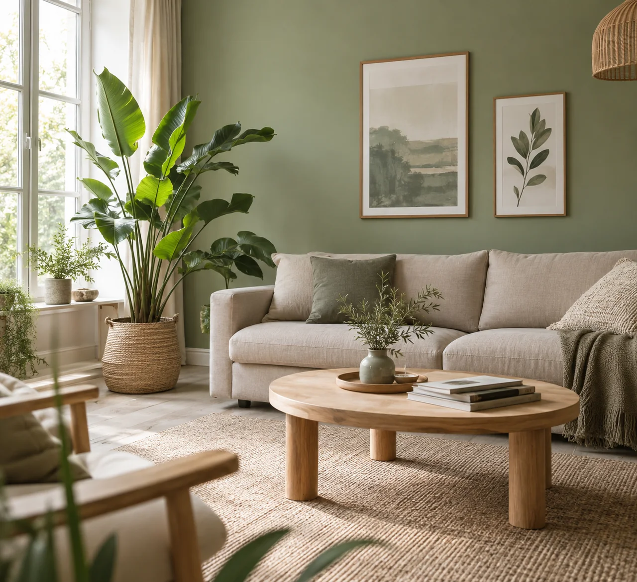 Salon au mur vert sauge, canapé en lin beige, table basse en bois clair et grande plante verte