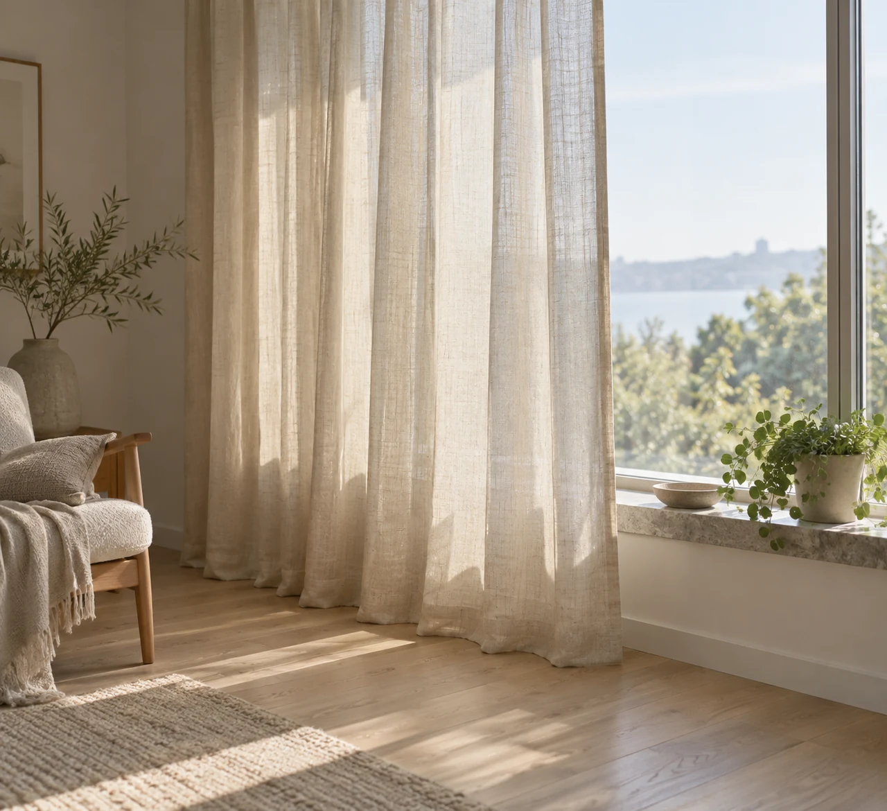 Voilage en lin naturel beige devant une grande fenêtre, plis fluides et lumière du matin filtrée par le tissu